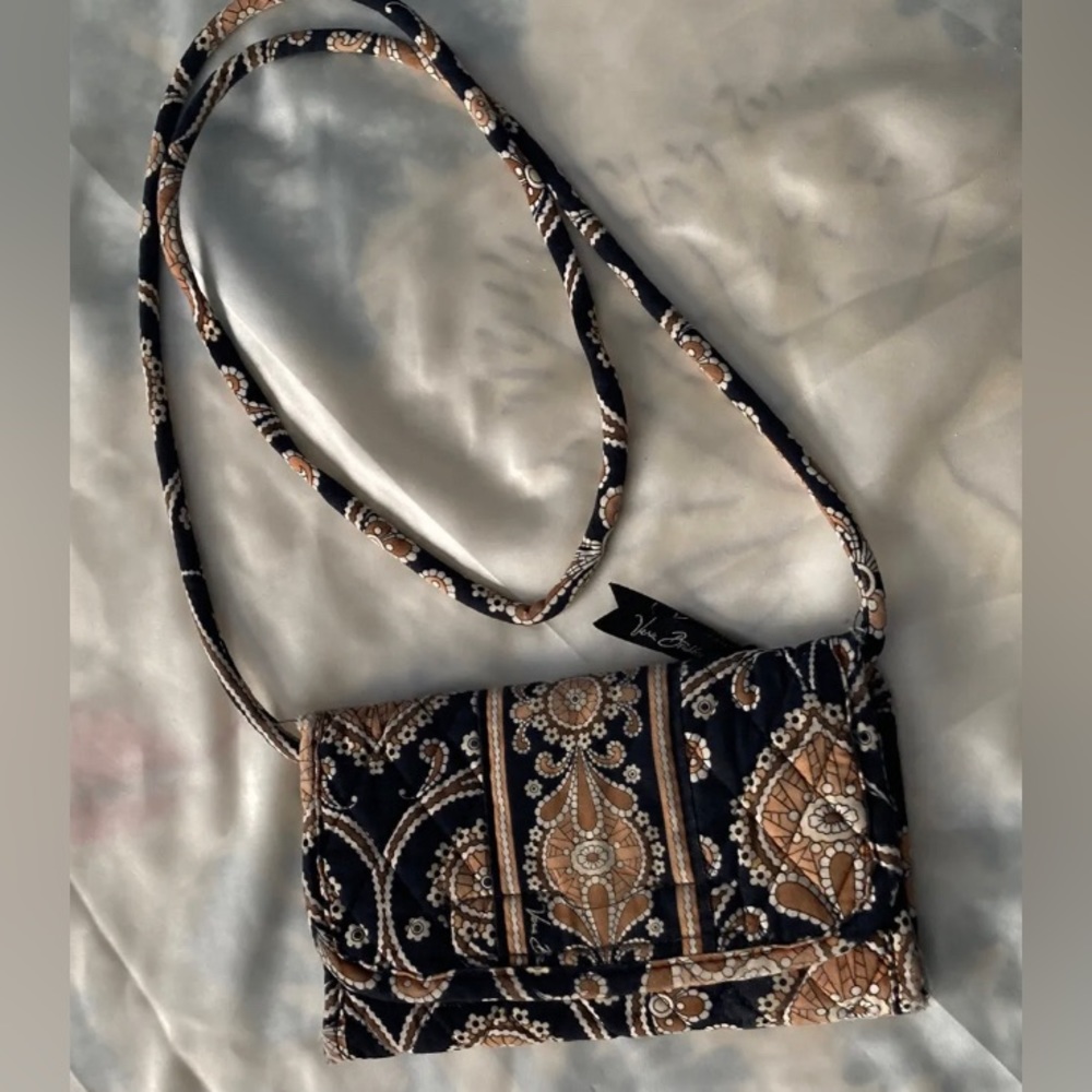 Vera bradley wallet with cross Body strap Black and brown floral paisley